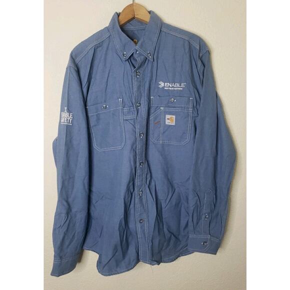 Carhartt FR Button Up Shirt Mens Large Blue Two Pockets Flame Resistant - Picture 1 of 13